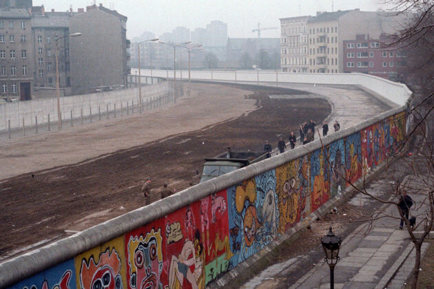 An aerial view of the berlin wall with graffiti