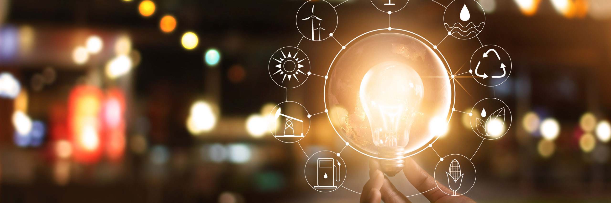 Hand holding light bulb in front of global show the world's consumption with icons energy sources for renewable, sustainable development. Ecology concept. Elements of this image furnished by NASA. - Image
