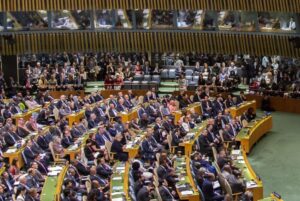 Former President Trump addresses the 73rd session of the United Nations General Assembly. [UN Image]