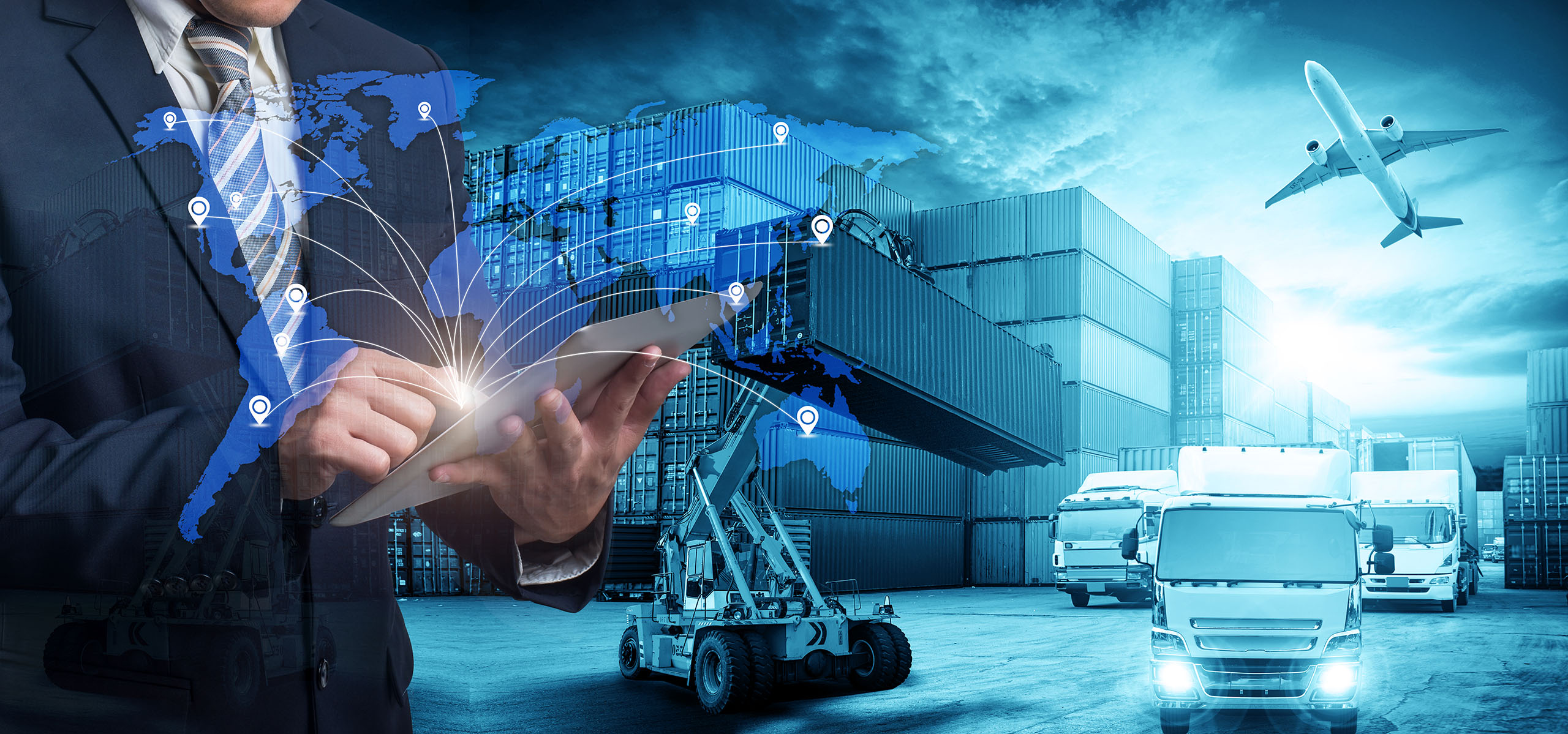 World map with logistic network distribution on background. Logistic and transport concept in front Industrial Container Cargo freight ship for Concept of fast or instant shipping, Online goods orders