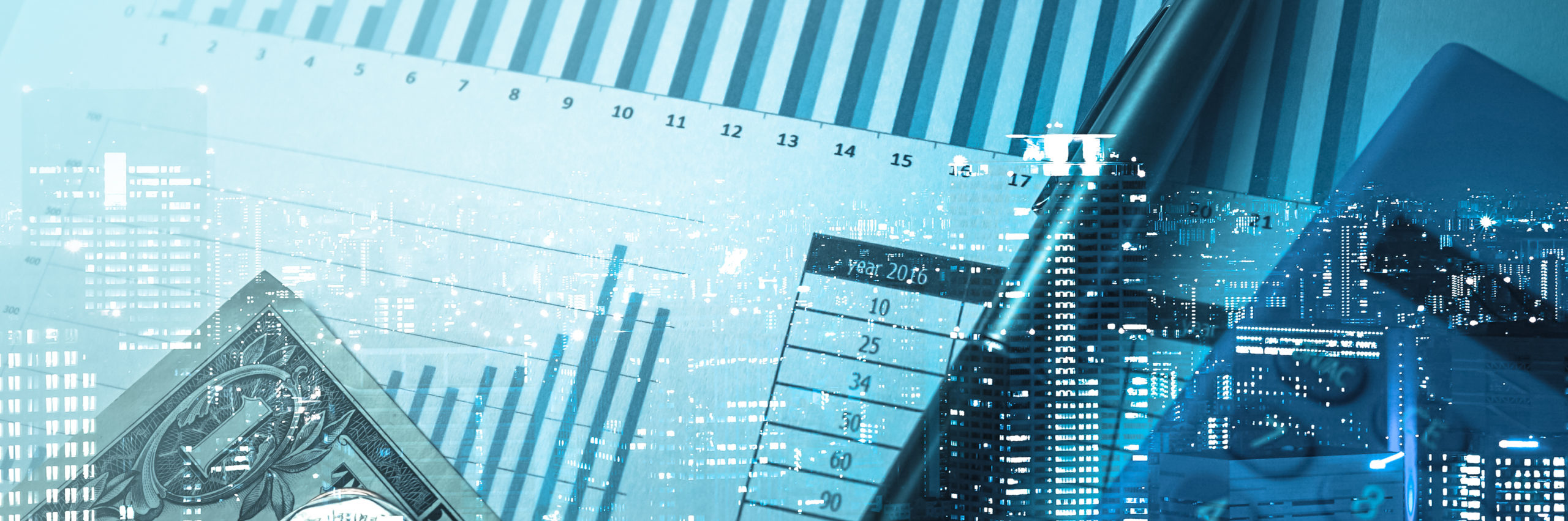 Double exposure of city and pen, calculator , money , graph for finance and business concept - Image