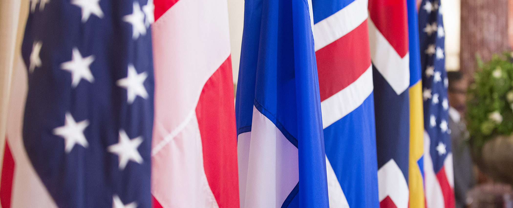 The flags of Finland, Norway, Sweden, Denmark, and Iceland are on display at a working luncheon that U.S. Secretary of State John hosted in honor of Nordic leaders: Finnish President Sauli Niinistö, Norwegian Prime Minster Erna Solberg, Swedish Prime Minister Stefan Löfven, Danish Prime Minister Lars Lokke Rasmussen, and Icelandic Prime Minster Sigurdur Ingi Johannsson, at the U.S. Department of State in Washington, D.C., on May 13, 2016. [State Department photo/ Public Domain]