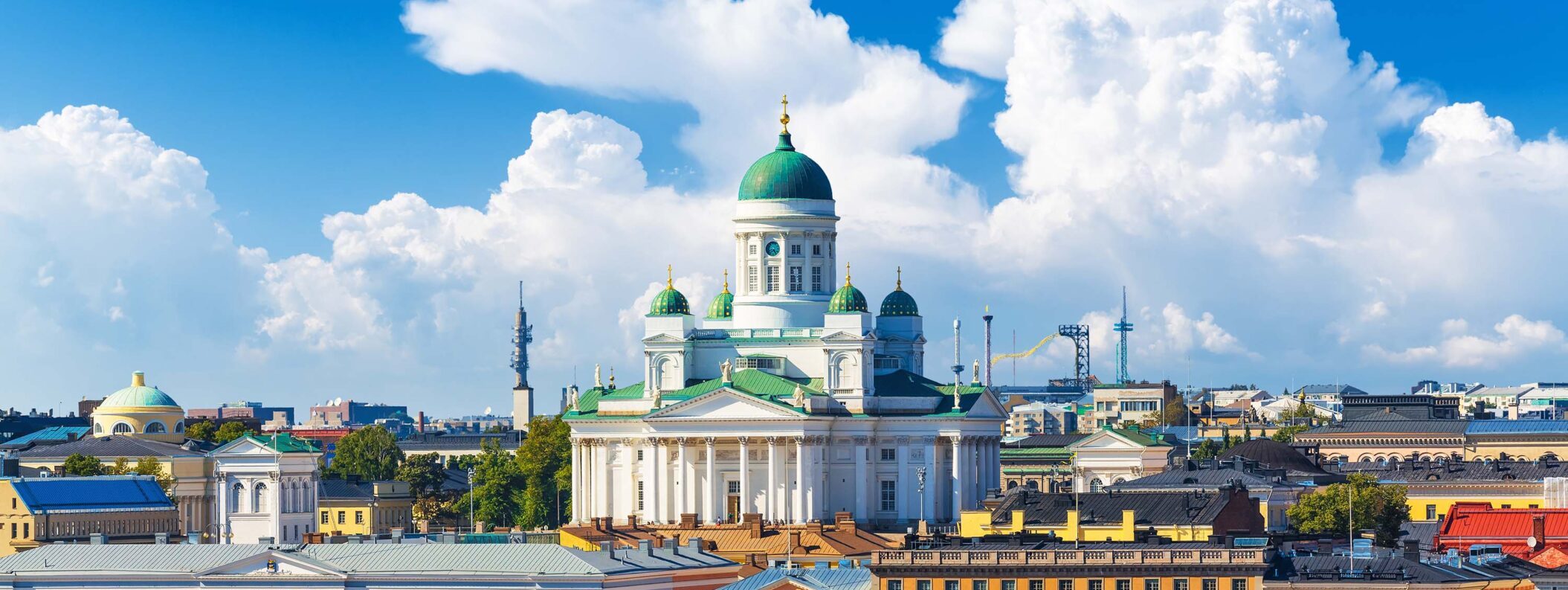 Scenic summer panorama of the Market Square (Kauppatori) at the Old Town pier in Helsinki, Finland