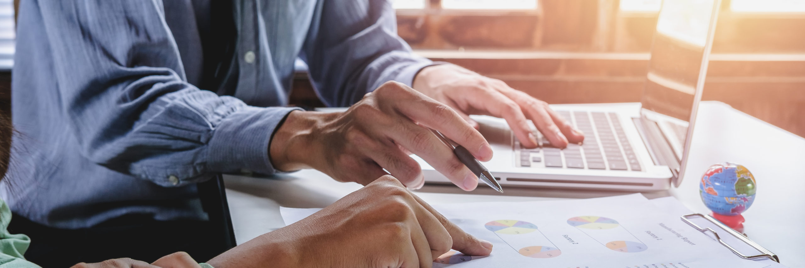 Business meeting time. Photo young account managers crew working with new startup project. Notebook on wood table. Idea presentation, analyze plans. - Image