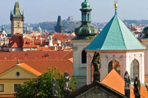 Rooftop view of a European city.