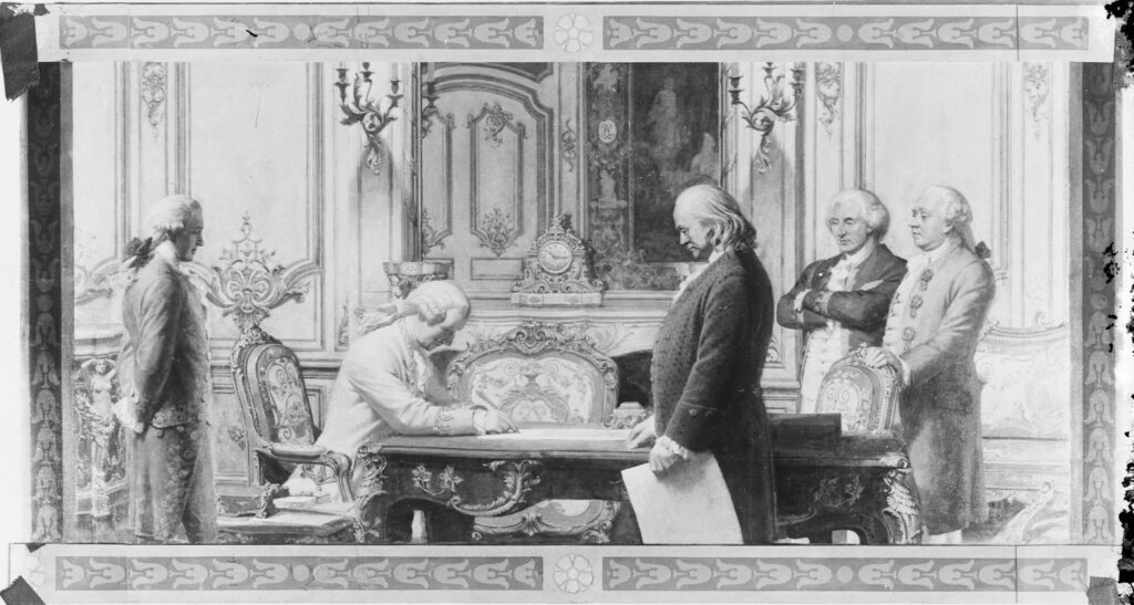 Treaty of Amity and Commerce
Benjamin Franklin secures The Treaty of Amity and Commerce between the United States and France, the first of two treaties signed on February 6, 1778, which recognized the de facto independence of the United States. Reproduction of a painting by Charles Elliott Mills.

 

Photo credit: Library of Congress