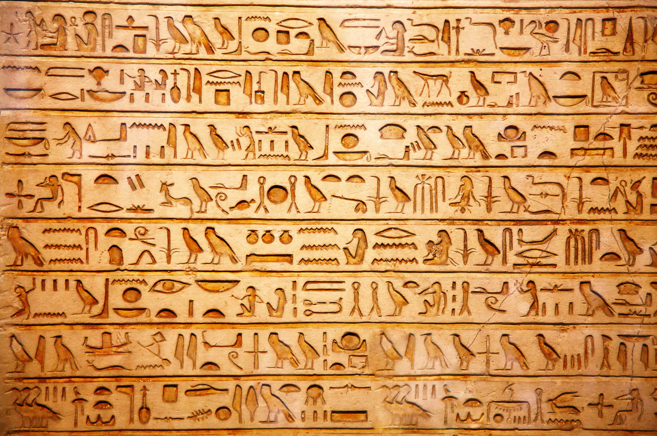 8 rows of Egyptian hieroglyphs carved in stone.