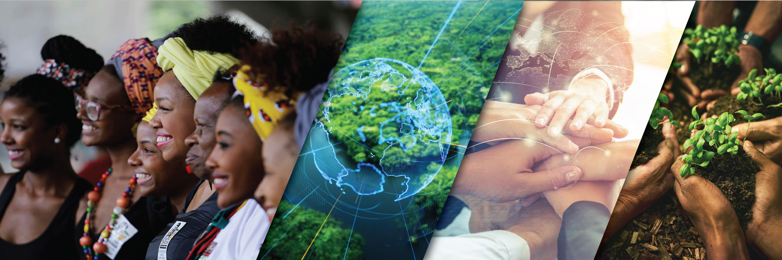 Collage of four photos: a group of smiling black women, an aerial view of a forest and river with a globe overlay, hands in a circle with an overlay of Europe and Africa, and hands holding soil and sprouting plants.