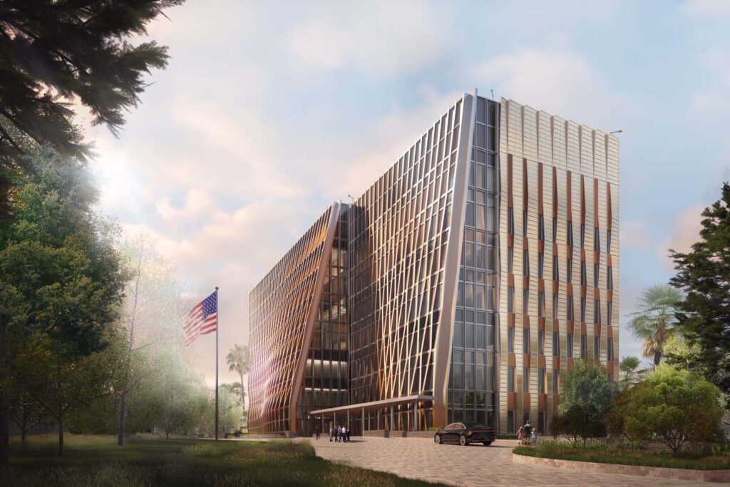 The new embassy’s design incorporates a woven copper metal façade and earth-toned glazed terra cotta panels.
