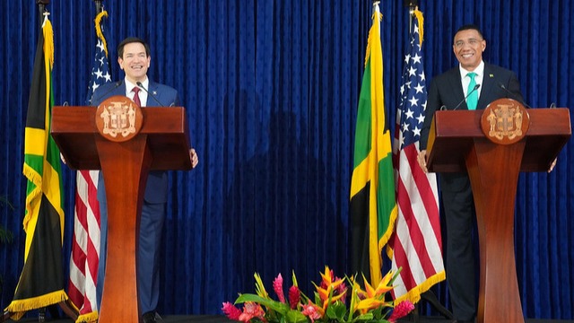 Secretary Marco Rubio holds a joint press availability with Jamaican Prime Minister Andrew Holness in Kingston, Jamaica, March 26, 2025. (Official State Department photo by Freddie Everett)