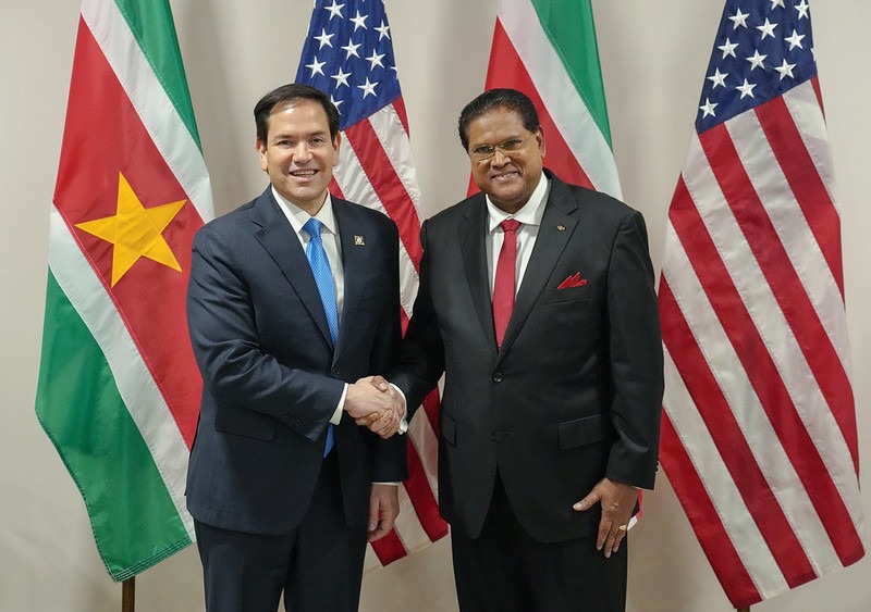 Secretary Marco Rubio meets with Surinamese President Chandrikapersad Santokhi in Parimaribo, Suriname, March 27, 2025. (Official State Department photo by Freddie Everett)