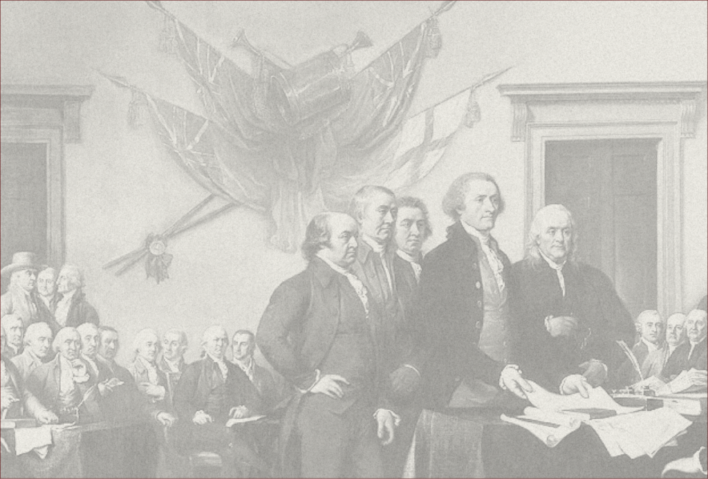 Grainy black and white image of the founding fathers in 1776.